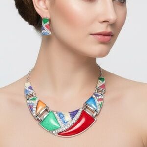 Womens Silver Multi-Color Pendant Necklace Earring Set